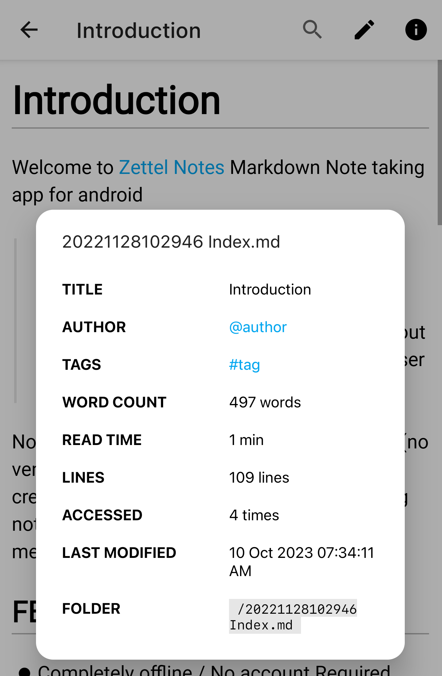 Note information dialog
